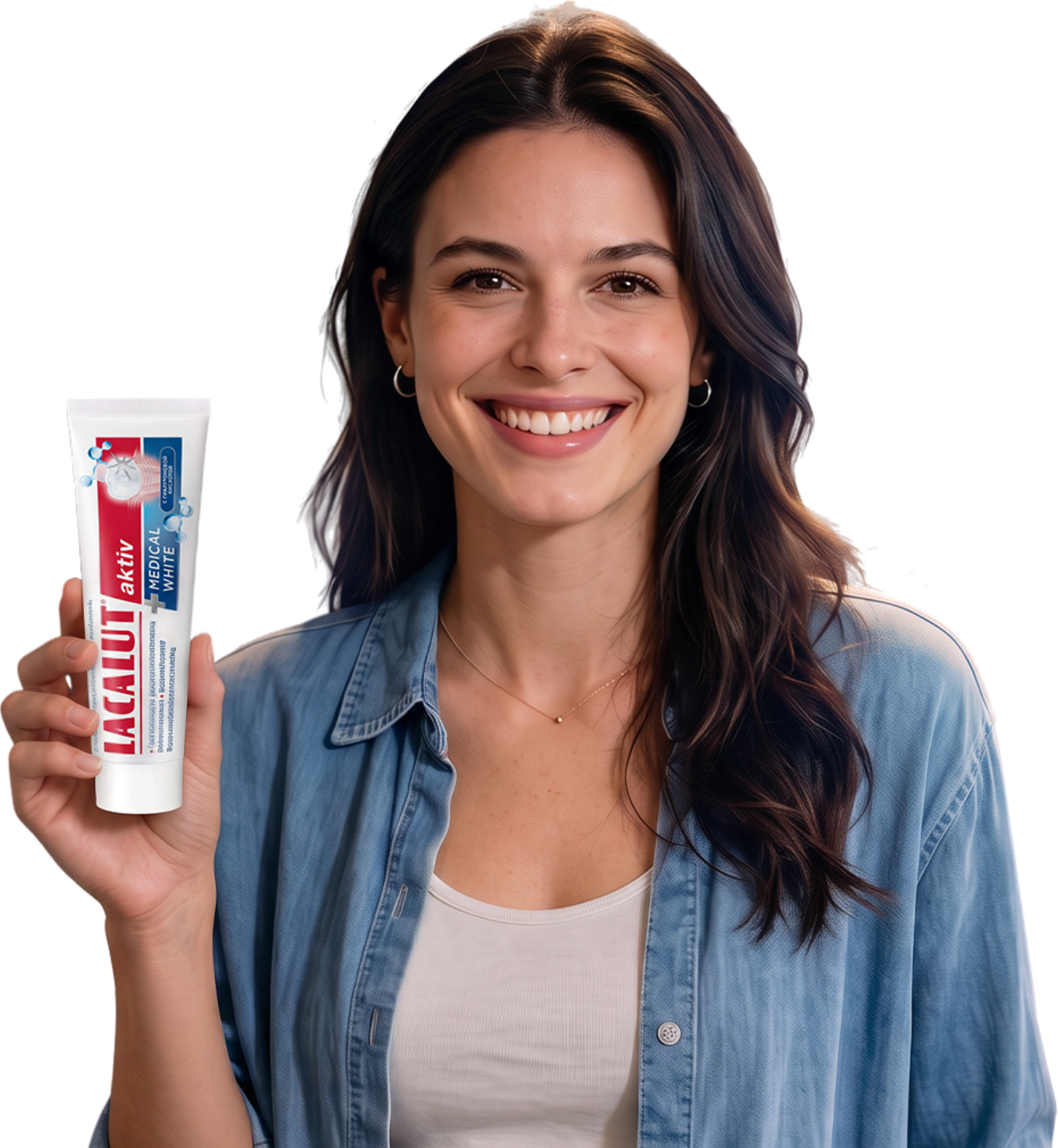 Девушка с зубной пастой LACALUT Aktiv Medical White